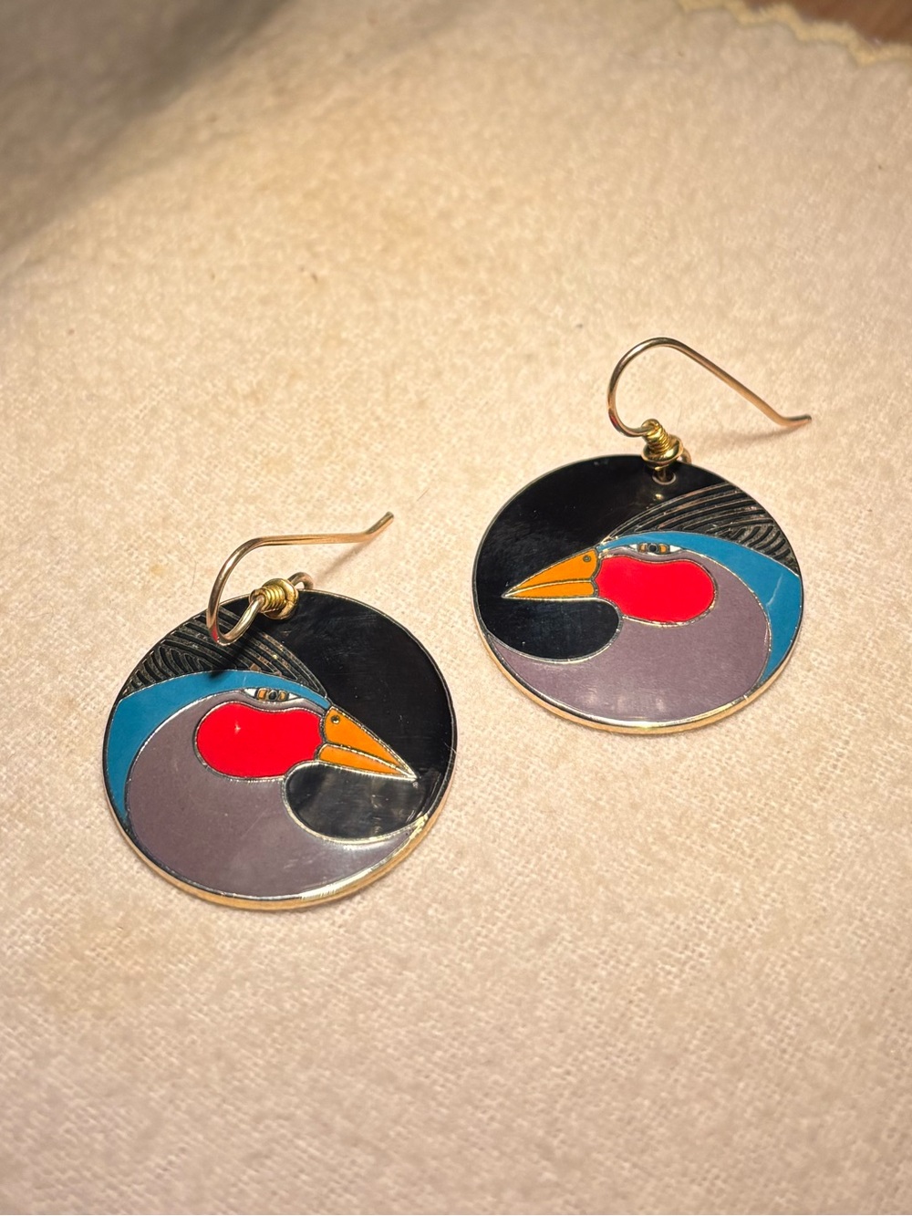 Vintage 80s Laurel Burch Marlequin Bird Gold Plated Black Drop Earrings Eclectic